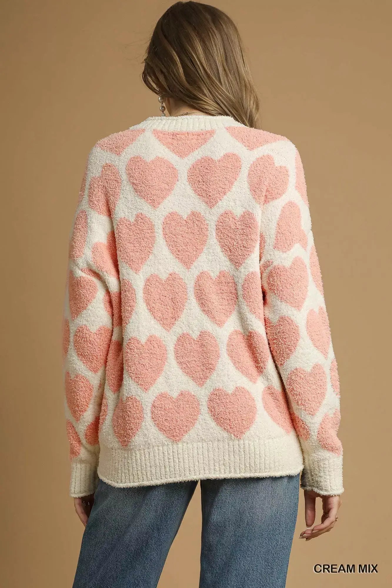 Umgee Mix Heart Pattern Pearl Accent Sweater - Trendsi - Flyclothing LLC