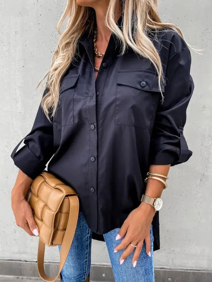 Button Up Roll-Tab Sleeve Shirt - Trendsi - Flyclothing LLC