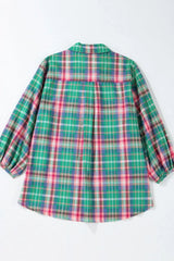 Plaid Collared Neck Three-Quarter Sleeve Shirt - Trendsi - Flyclothing LLC