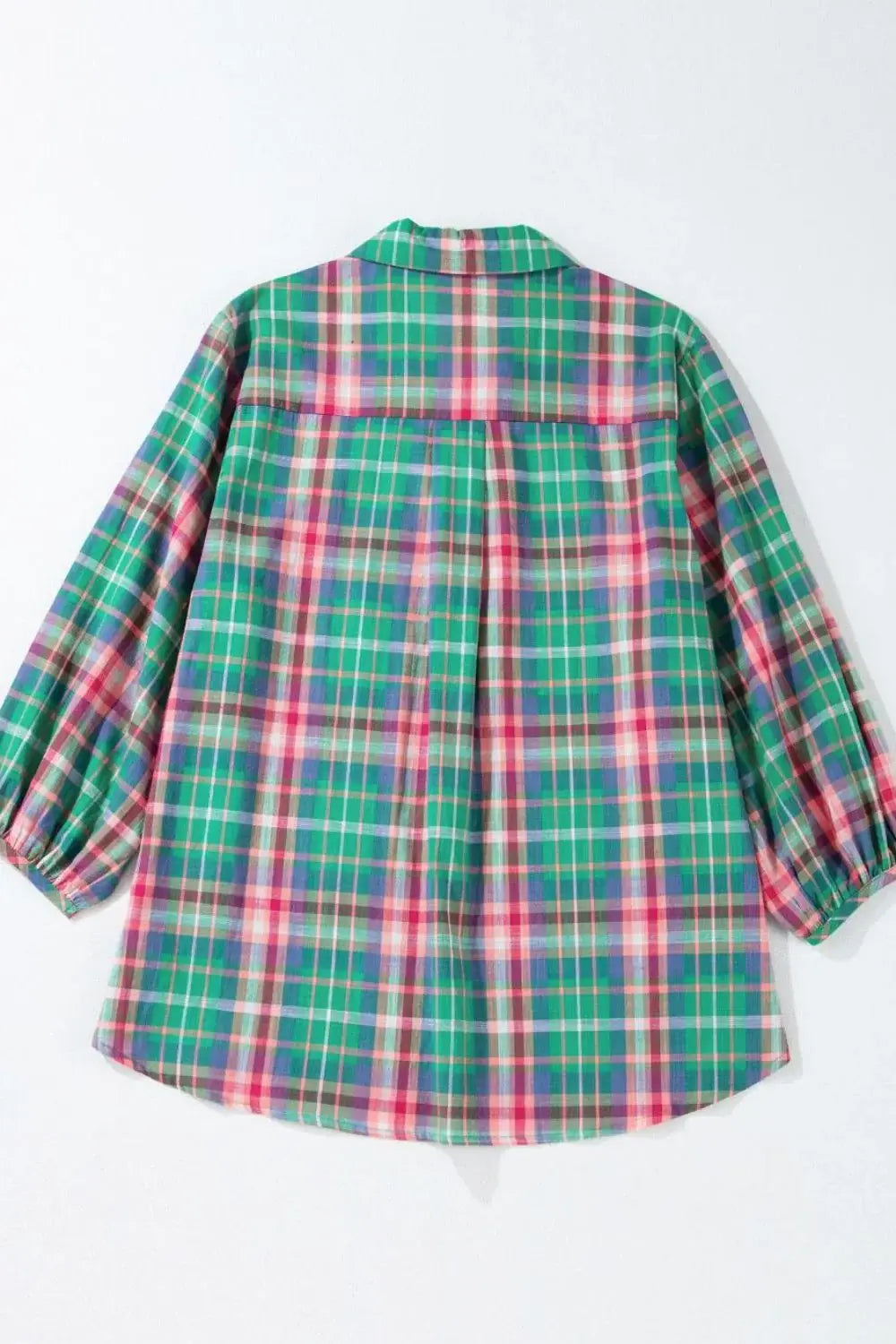 Plaid Collared Neck Three-Quarter Sleeve Shirt - Trendsi - Flyclothing LLC