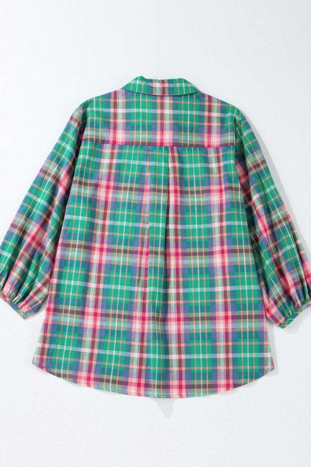 Plaid Collared Neck Three-Quarter Sleeve Shirt - Trendsi - Flyclothing LLC