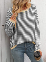 Mandy Striped Round Neck Long Sleeve Sweater - Trendsi - Flyclothing LLC