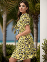 Leopard V-Neck Flounce Sleeve Mini Dress - Trendsi - Flyclothing LLC