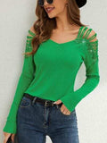 Rhinestone Cutout Long Sleeve T-Shirt - Trendsi - Flyclothing LLC
