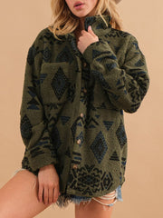 Geometric Button Up Long Sleeve Sherpa Jacket - Trendsi