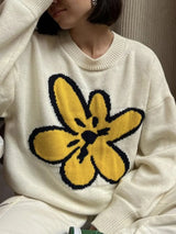 Flower Ribbed Hem Round Neck Sweater - Trendsi - Flyclothing LLC