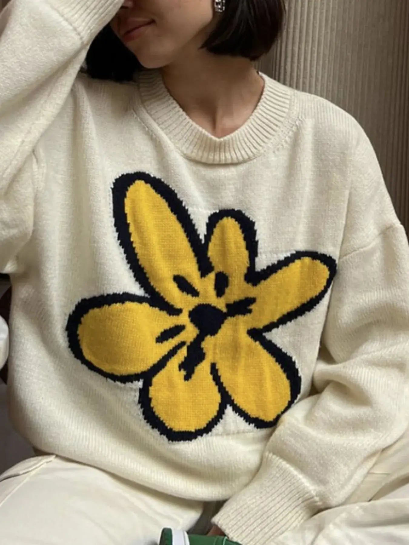 Flower Ribbed Hem Round Neck Sweater - Trendsi - Flyclothing LLC