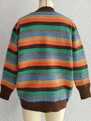 Contrast Stripes Button Up Long Sleeve Cardigan - Trendsi