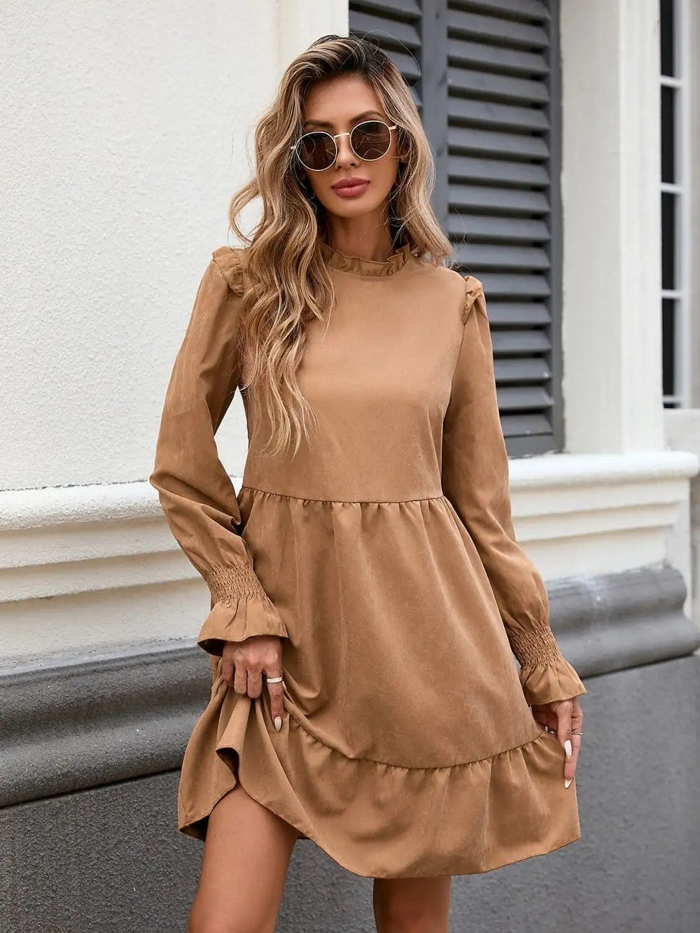 Frill Mock Neck Long Sleeve Dress - Trendsi