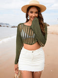 Openwork Boat Neck Long Sleeve Cover-Up - Trendsi