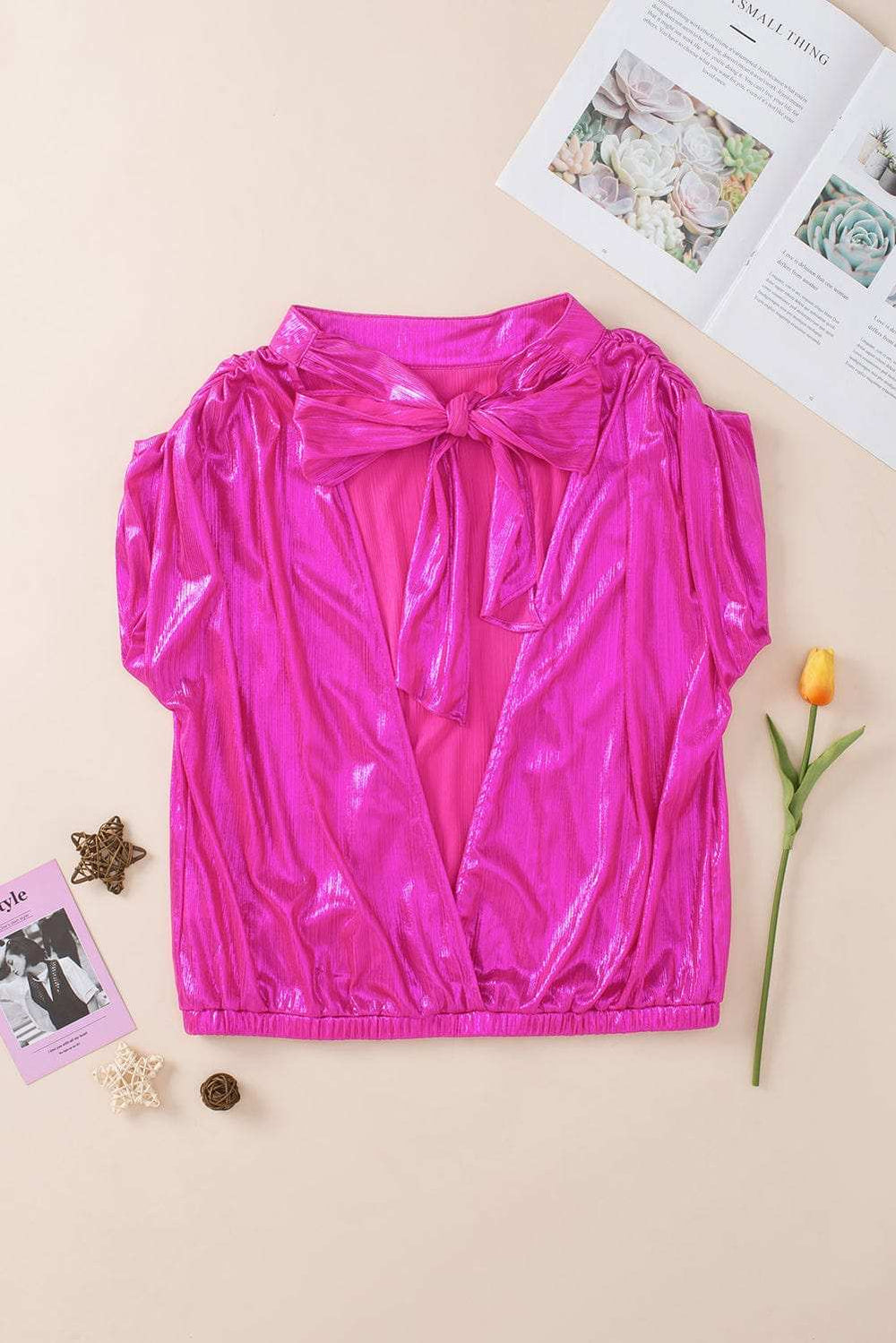 Tied Backless Round Neck Cap Sleeve Blouse - Trendsi - Flyclothing LLC