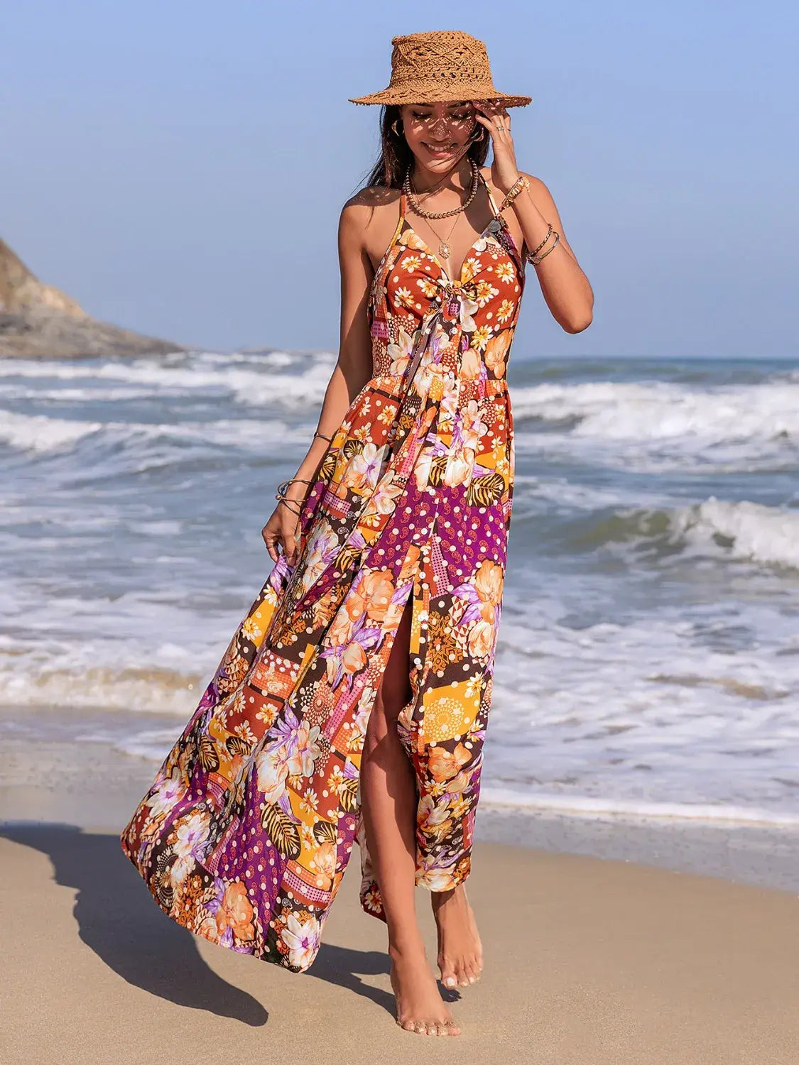 Slit Printed Halter Neck Cami Dress - Trendsi - Flyclothing LLC