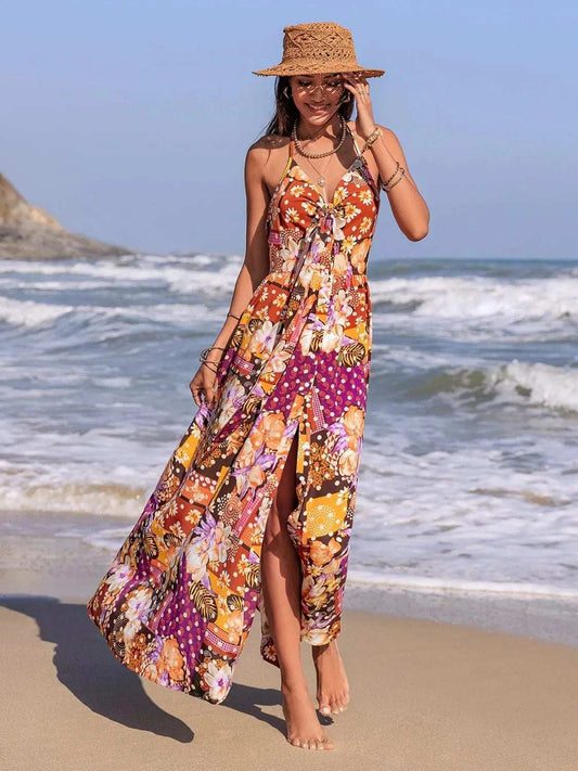 Slit Printed Halter Neck Cami Dress - Trendsi - Flyclothing LLC