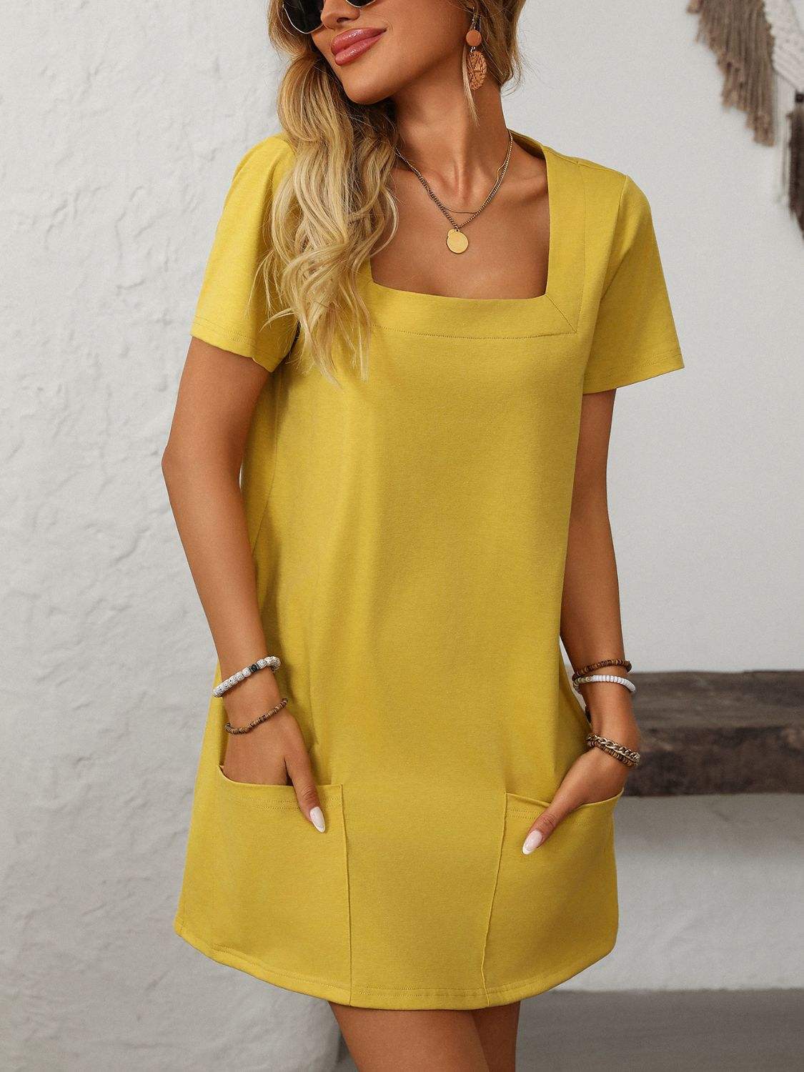 Mandy Square Neck Short Sleeve Mini Dress - Trendsi - Flyclothing LLC