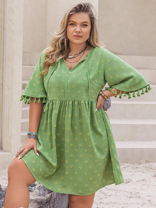 Plus Size Tied Tassel Half Sleeve Mini Dress - Trendsi - Flyclothing LLC