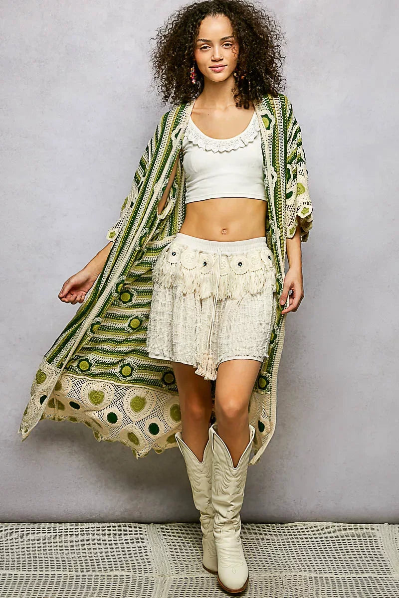 POL Striped and Floral Pattern Crochet Longline Cardigan - Trendsi - Flyclothing LLC