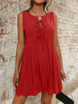 Tied Front Pleated Sleeveless Mini Dress - Trendsi - Flyclothing LLC