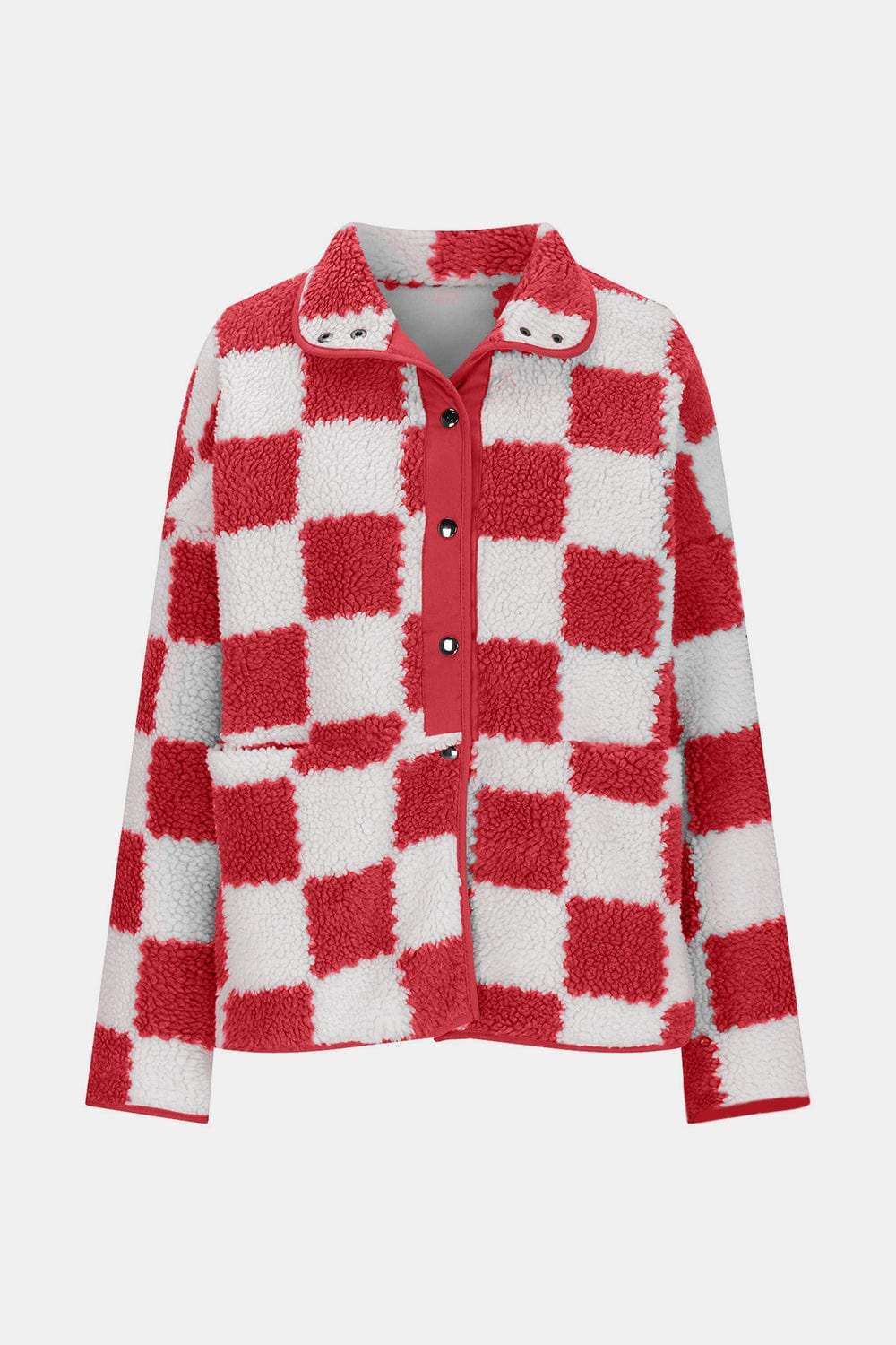Checkered Snap Down Long Sleeve Teddy Jacket - Trendsi - Flyclothing LLC