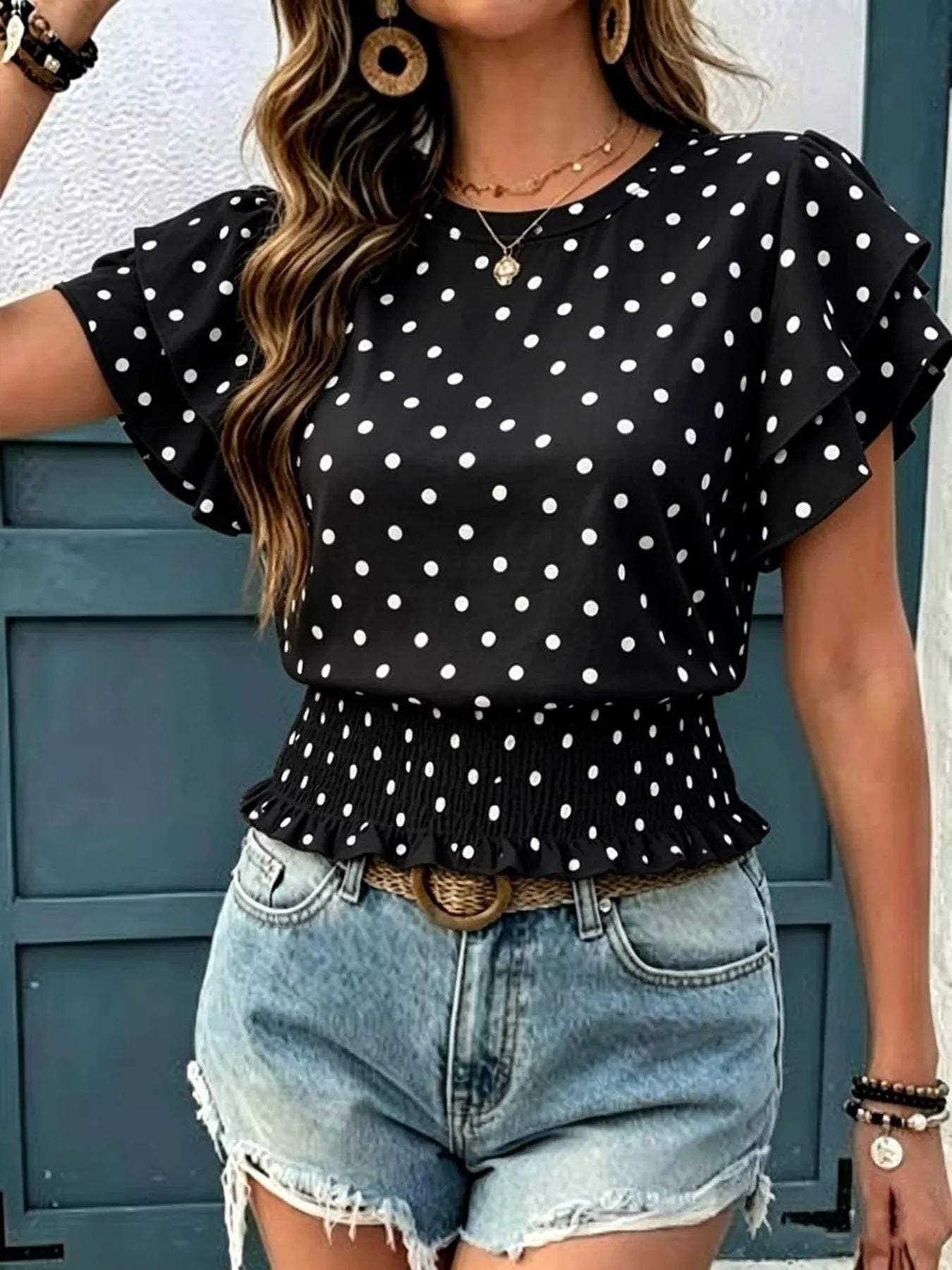 Polka Dot Ruffle Sleeve Blouse - Trendsi - Flyclothing LLC