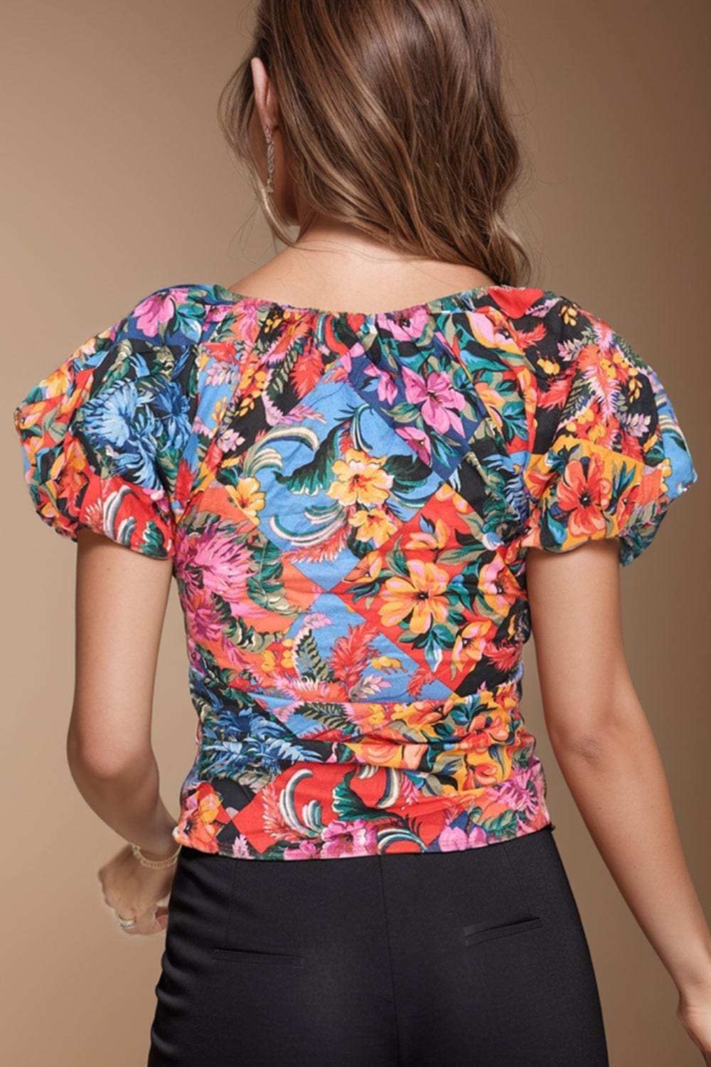 Ruched Printed V-Neck Short Sleeve Blouse - Trendsi - Flyclothing LLC