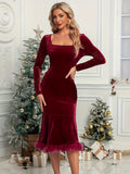 Plush Hem Square Neck Long Sleeve Dress - Trendsi