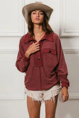 BiBi Cp French Terry Cut Edge Detail Collared Top - Trendsi - Flyclothing LLC