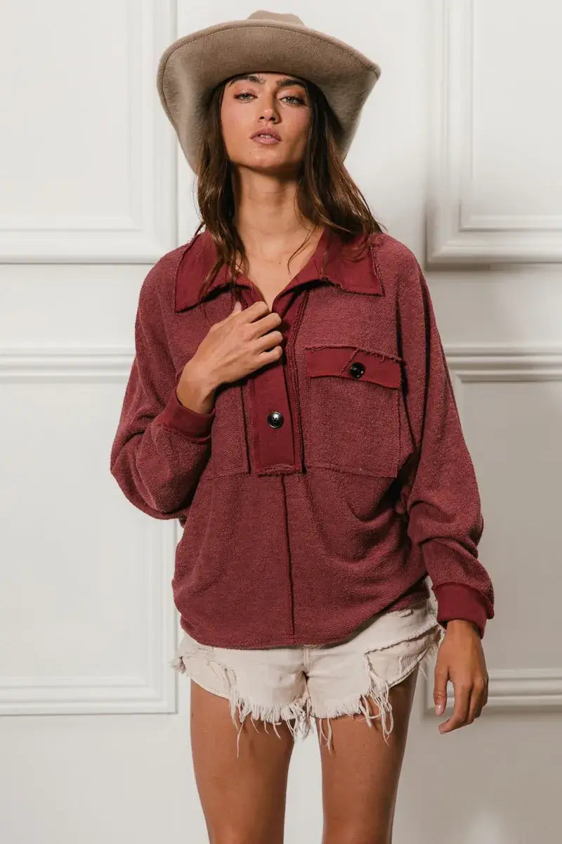 BiBi Cp French Terry Cut Edge Detail Collared Top - Trendsi - Flyclothing LLC