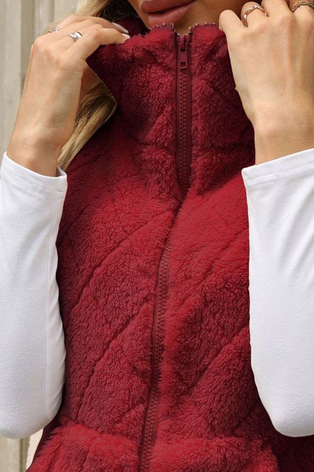 Fuzzy Plaid Texture Zip Up Vest Coat - Trendsi