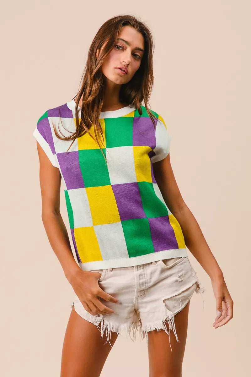 BiBi Mardi Gras Checker Pattern Sleeveless Sweater Top - Trendsi - Flyclothing LLC