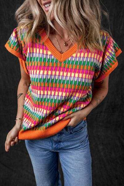 Contrast Striped V-Neck Knit Top - Trendsi - Flyclothing LLC