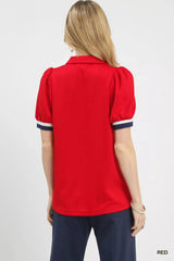 Umgee Puff Sleeve Zip Front Top with Contrast Striped Trim - Trendsi - Flyclothing LLC
