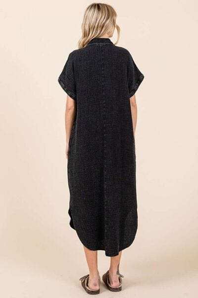 Mittoshop Mineral Wash V Neck Button Up Midi Shirt Dress - Trendsi - Flyclothing LLC