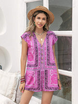 Printed V-Neck Cap Sleeve Romper - Trendsi - Flyclothing LLC