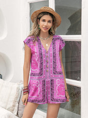 Printed V-Neck Cap Sleeve Romper - Trendsi
