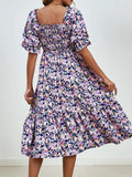 Smocked Floral Square Neck Short Sleeve Dress - Trendsi - Flyclothing LLC