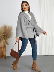 Double-Breasted Tie Waist Poncho - Trendsi