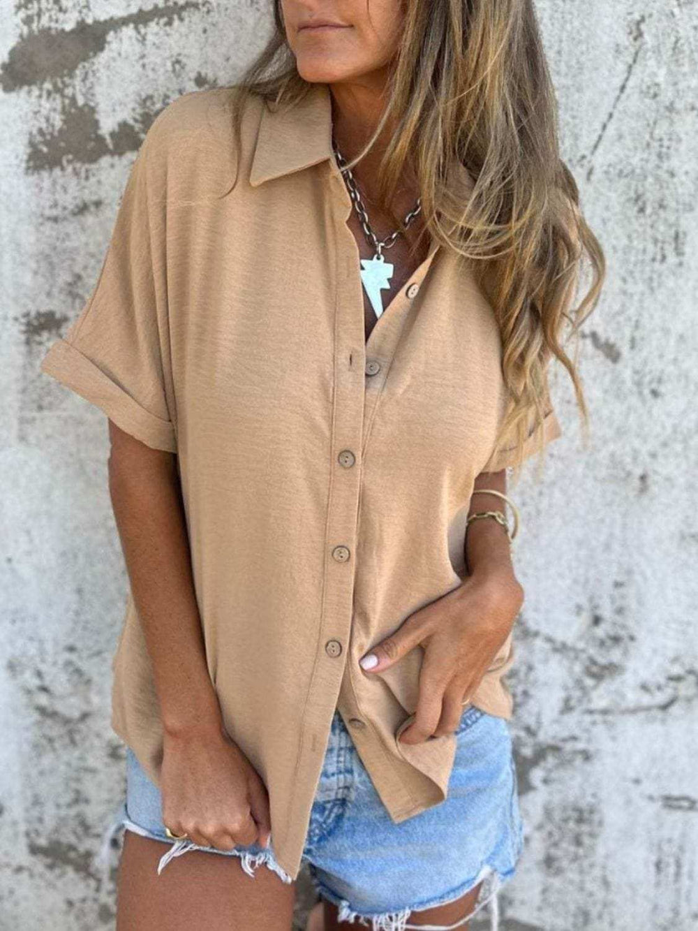 Full Size Button Down Short Sleeve Shirt Plus Size - Trendsi - Flyclothing LLC