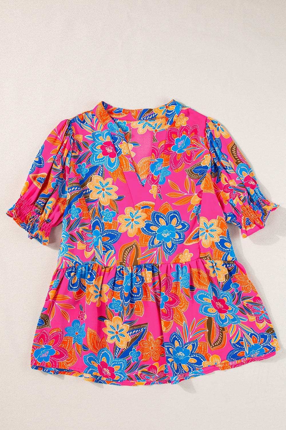 Peplum Printed Notched Short Sleeve Blouse - Trendsi - Flyclothing LLC