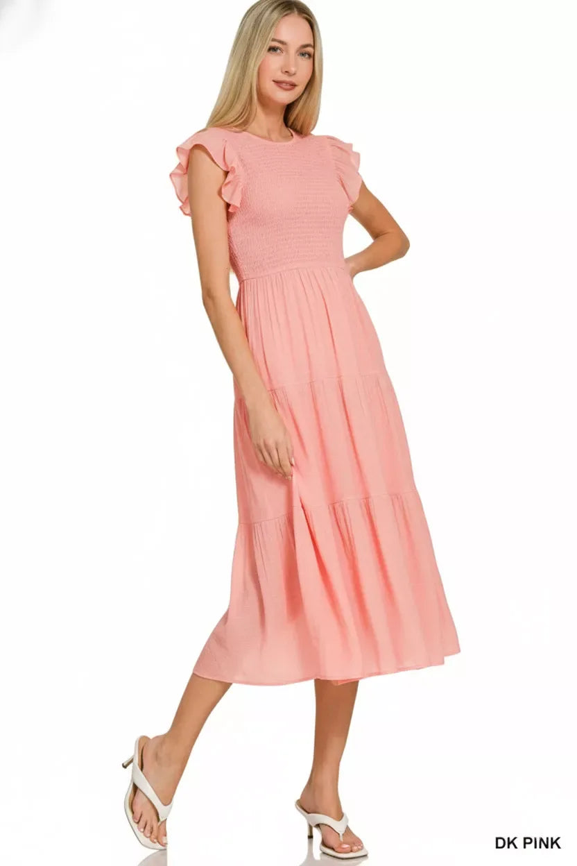 Zenana Woven Smocked Ruffle Sleeve Midi Dress - Trendsi - Flyclothing LLC