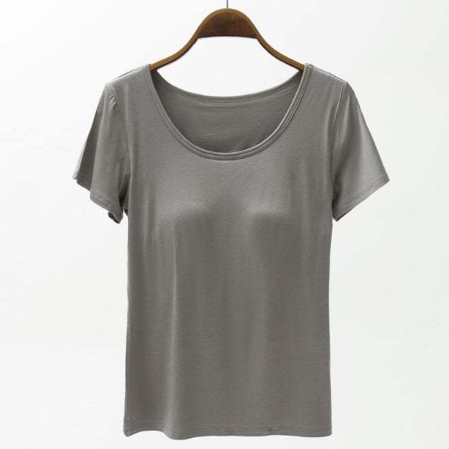 Round Neck Modal T-Shirt with Bra - Trendsi - Flyclothing LLC