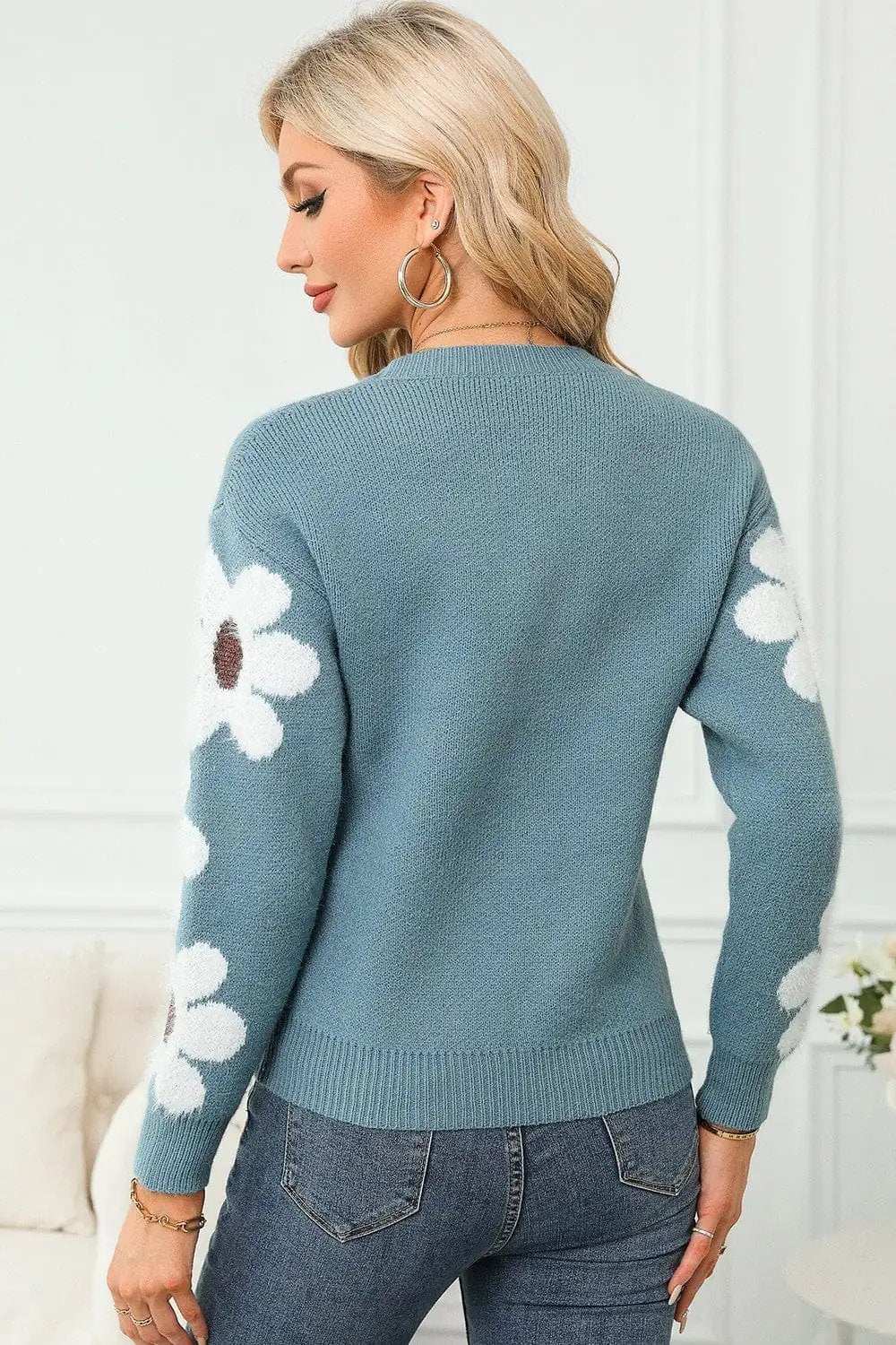 Flower Round Neck Long Sleeve Sweater - Trendsi - Flyclothing LLC