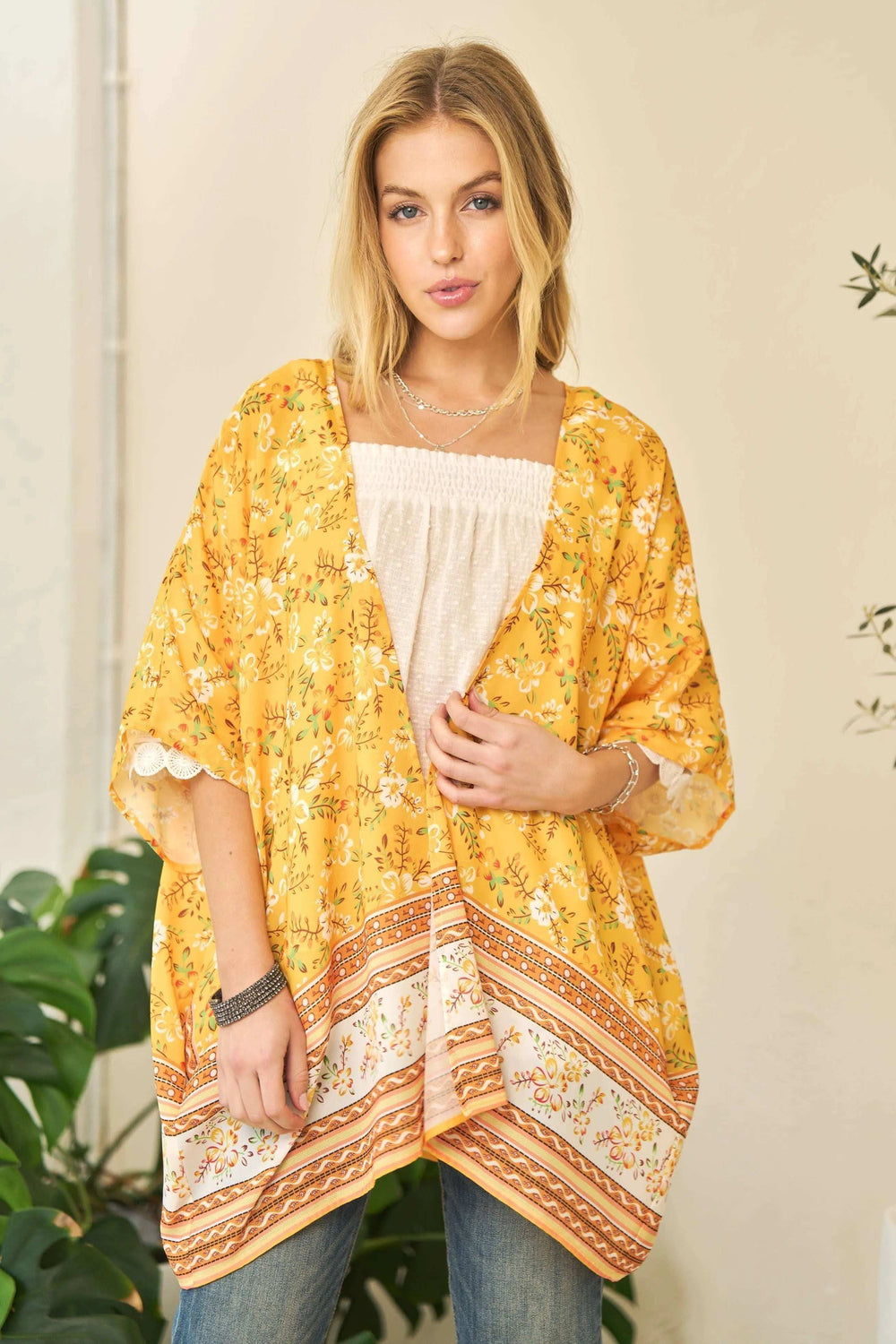 Davi & Dani Floral Printed Short Sleeve Loose Fit Kimono Cover Up - Trendsi - Flyclothing LLC