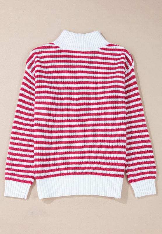 Striped Half Zip Mock Neck Long Sleeve Sweater - Trendsi - Flyclothing LLC