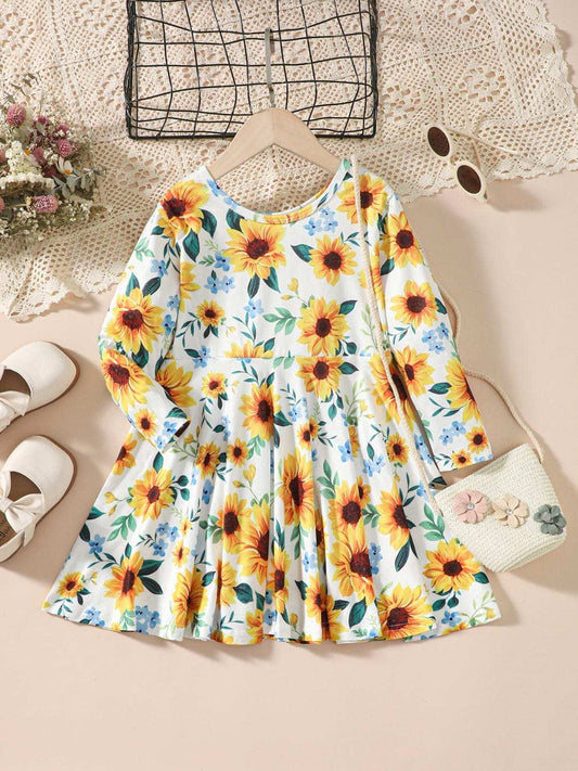 Kids Sunflower Print Round Neck Long Sleeve Dress - Trendsi - Flyclothing LLC