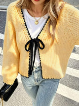 Full Size Chic Tie-Front Contrast-Trim Cardigan Plus Size - Trendsi - Flyclothing LLC