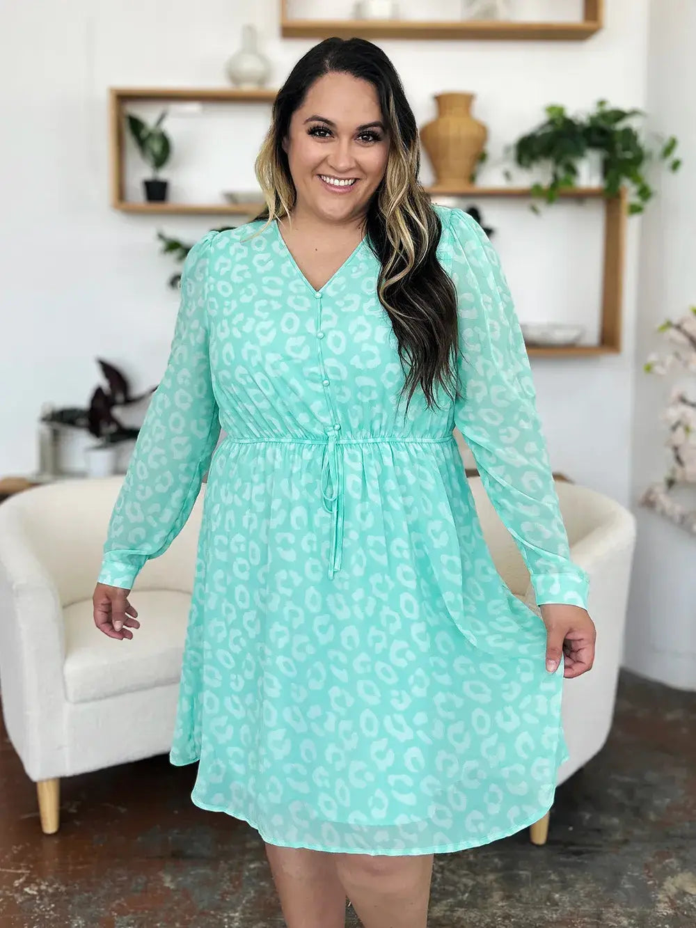 Double Take Full Size Printed Ruched V-Neck Long Sleeve Dress - Trendsi - Flyclothing LLC