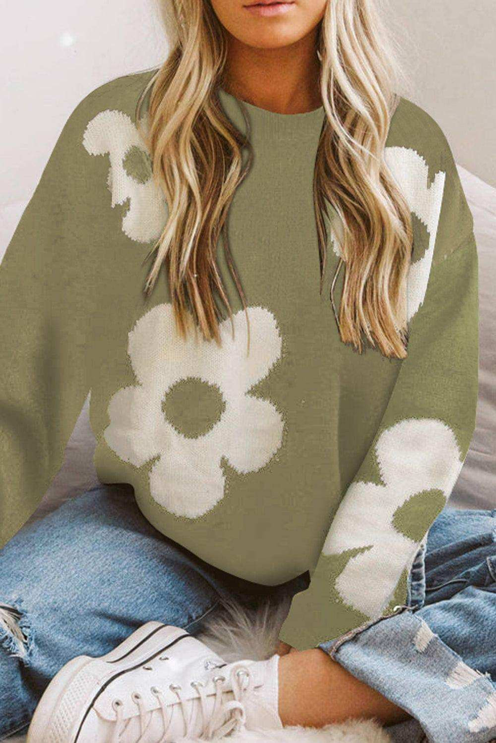 Round Neck Floral Pattern Color Contrast Design Long Sleeve Sweater - Trendsi - Flyclothing LLC