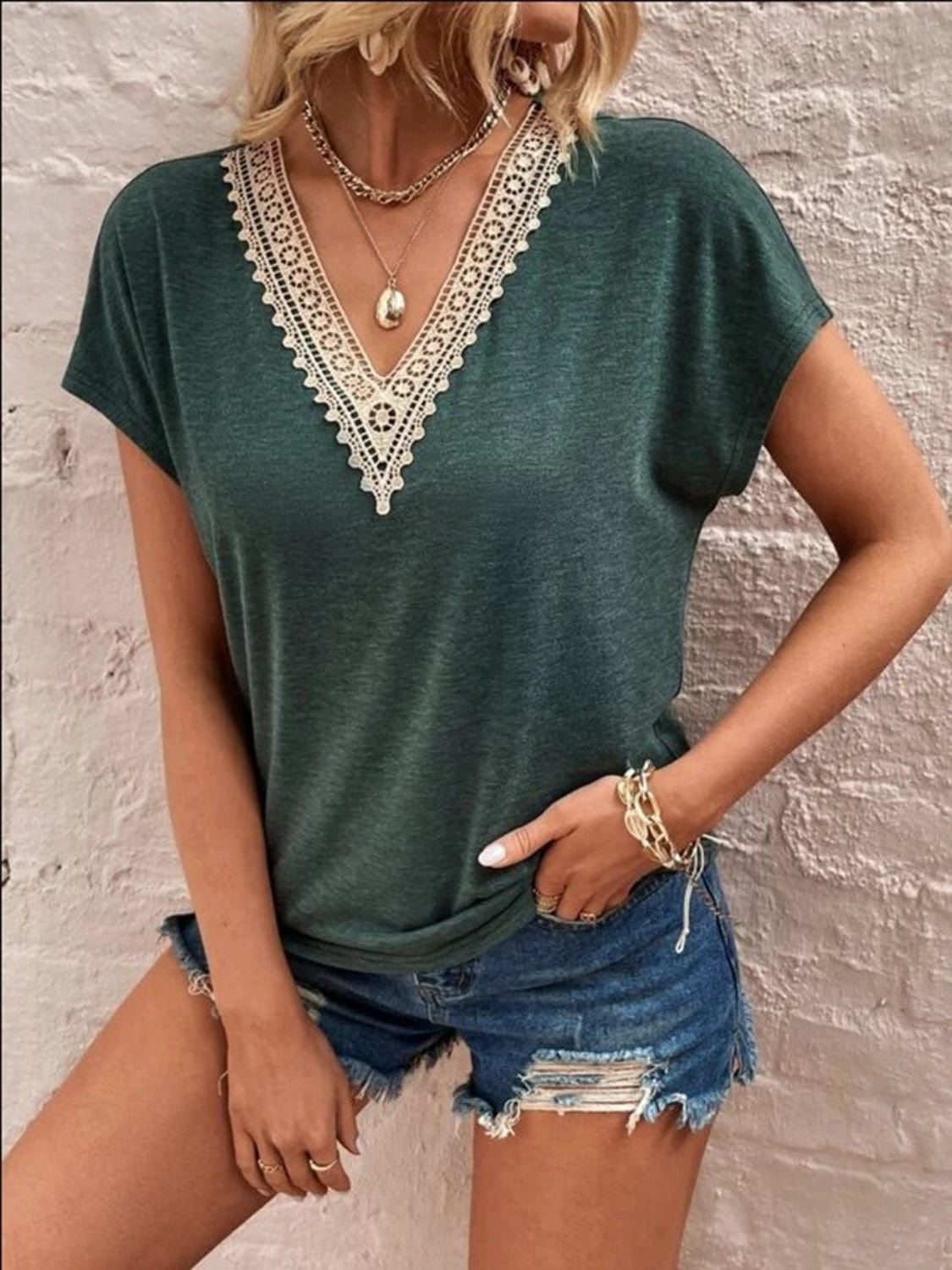 Full Size Lace Detail V-Neck Short Sleeve T-Shirt - Trendsi