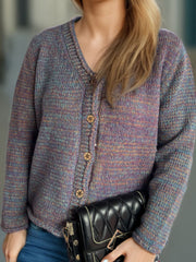 Heathered V-Neck Long Sleeve Cardigan - Trendsi