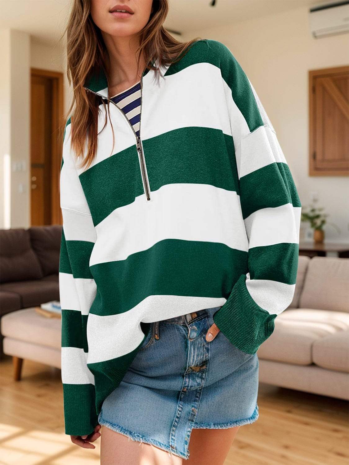 Color Block Half Zip Long Sleeve Sweater - Trendsi - Flyclothing LLC